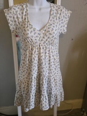 No Boundaries Cream Floral Tiered Dress with Blue and Green Print